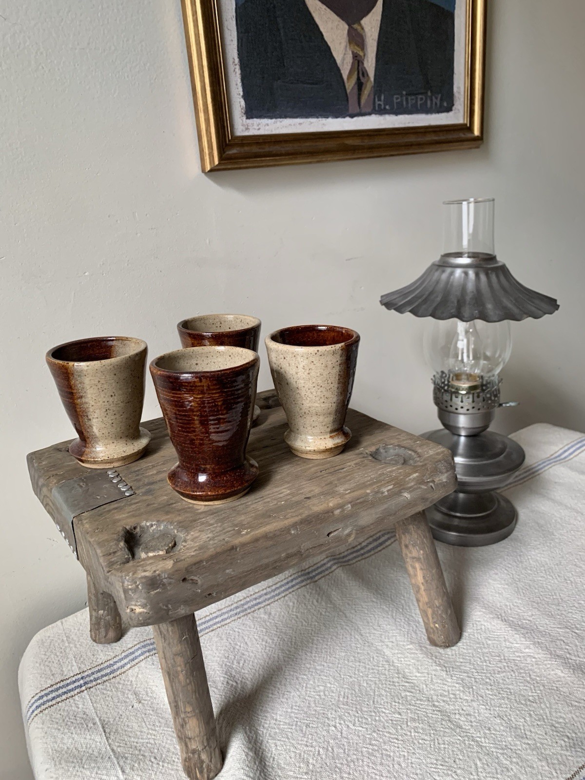 Vintage Mid Century Signed Studio Pottery Tumblers Set of 4 Brown Glaze Ceramics