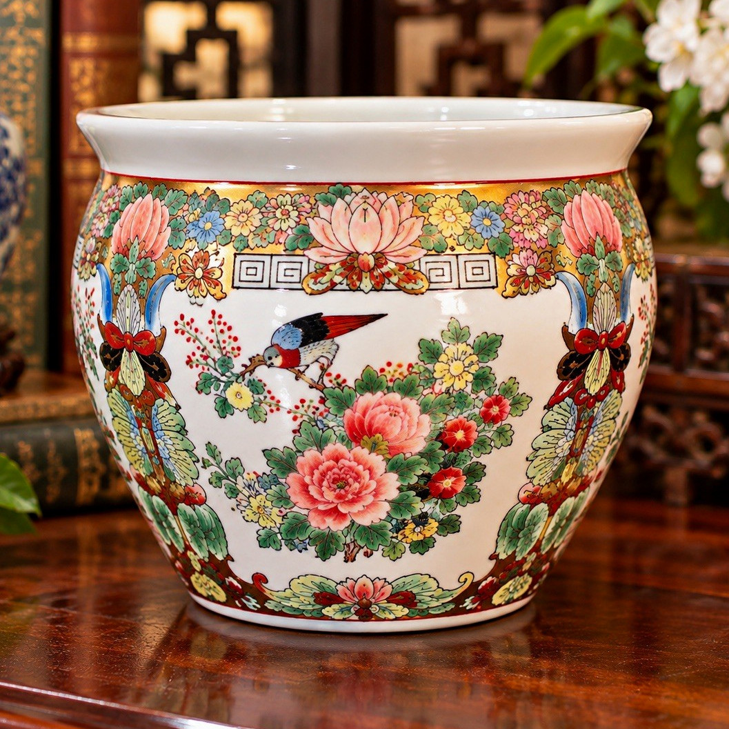 Petite Vintage Chinese Famille Rose Porcelain Jardinière / Cachepot /Planter