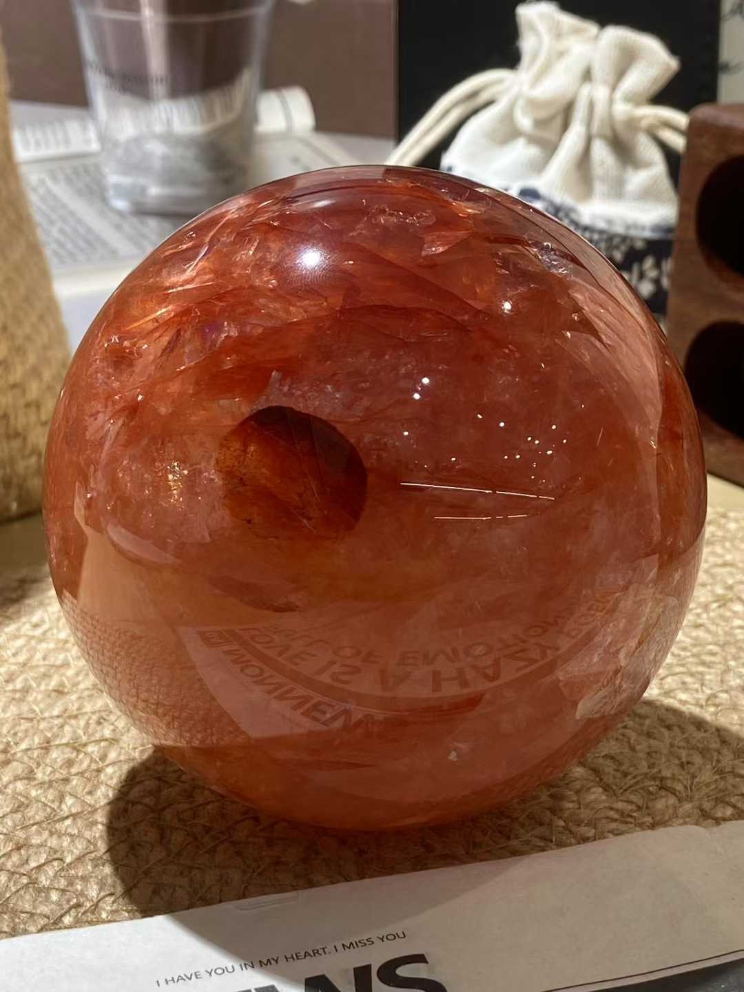 92mm Natural Red glue flower Quartz Sphere Crystal Energy Ball Reiki Decor