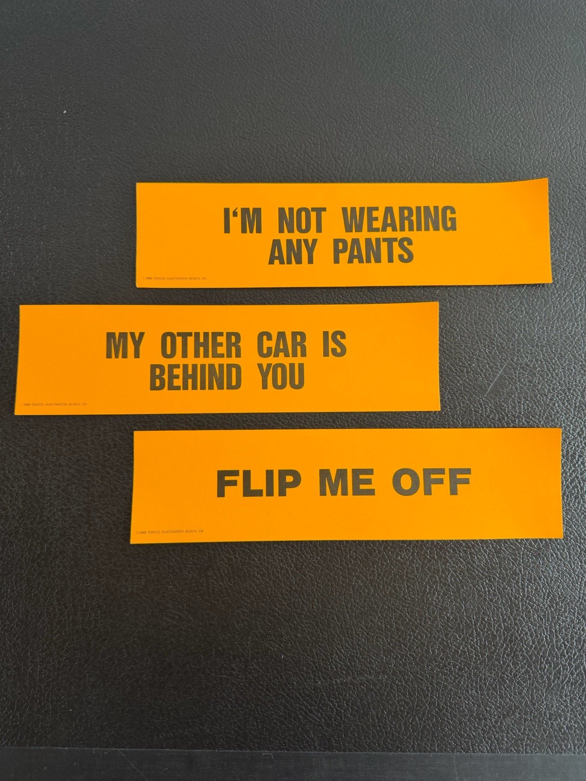 Vintage 1988 Tonco Funny Bumper Stickers Lot (3) Orange Humor Novelty Unused