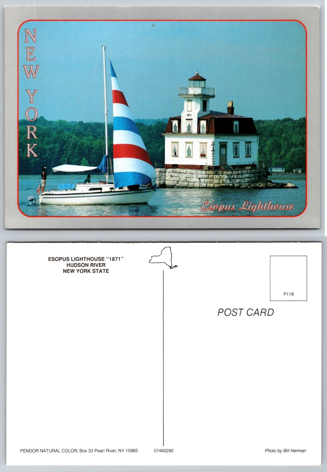 Esopus Lighthouse 1871 Hudson River NY Postcard Sailboat Pendor Photo