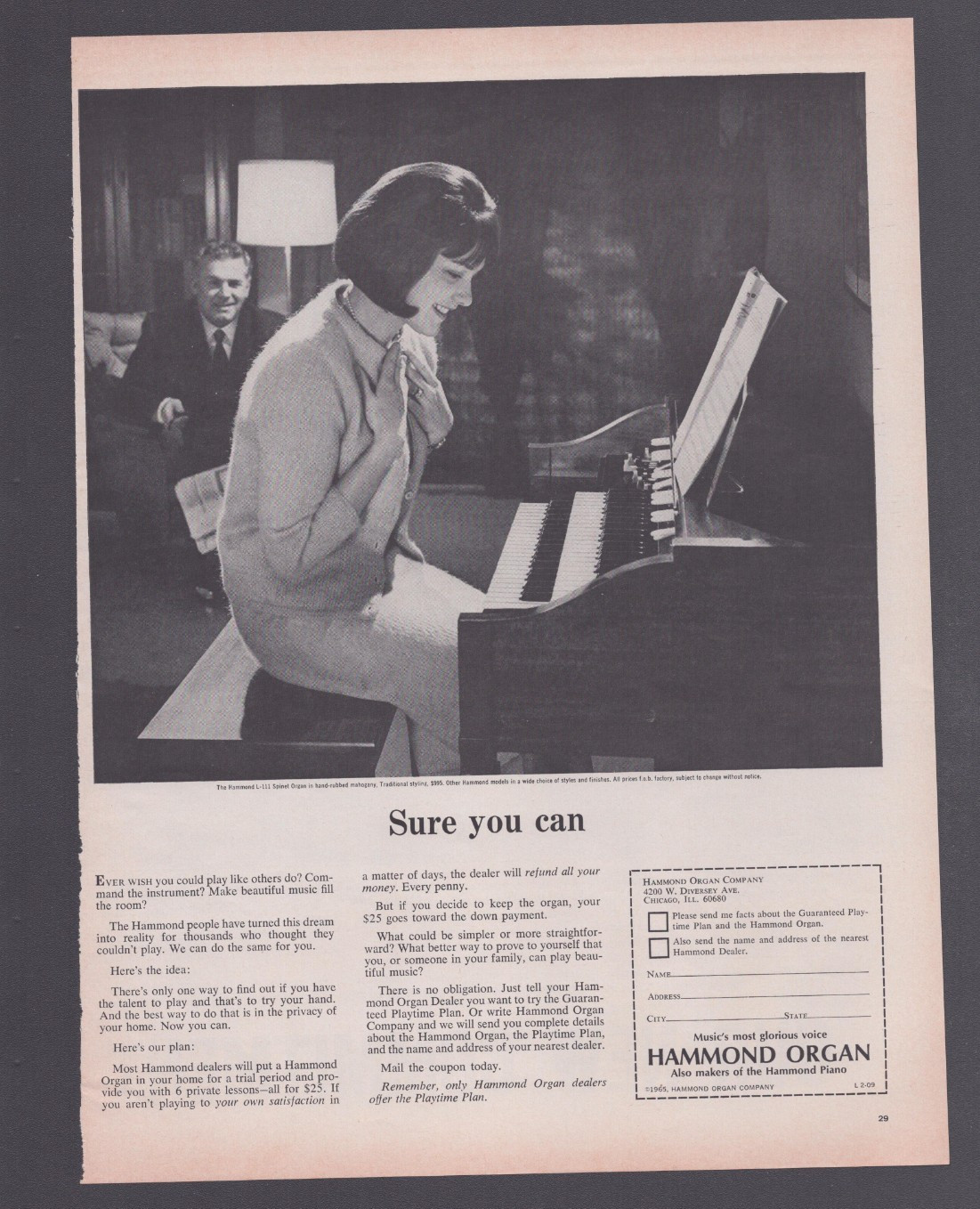 1965 Print Ad  Hammond Organ Sure You Can