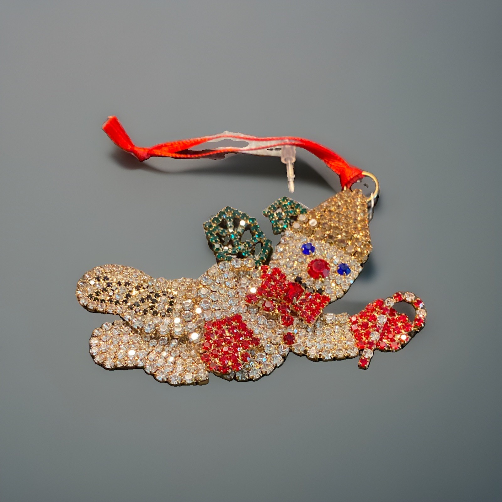 Mr. Bingle Rhinestone Christmas Ornament 2020 Red Bow Holding Candy Cane ￼￼