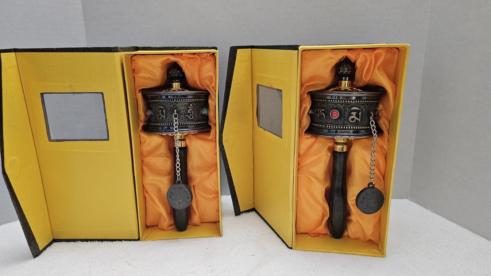 Pair of Handheld Tibetan Prayer Wheels Set - Yungdrung Bön Mani Wheels with Box