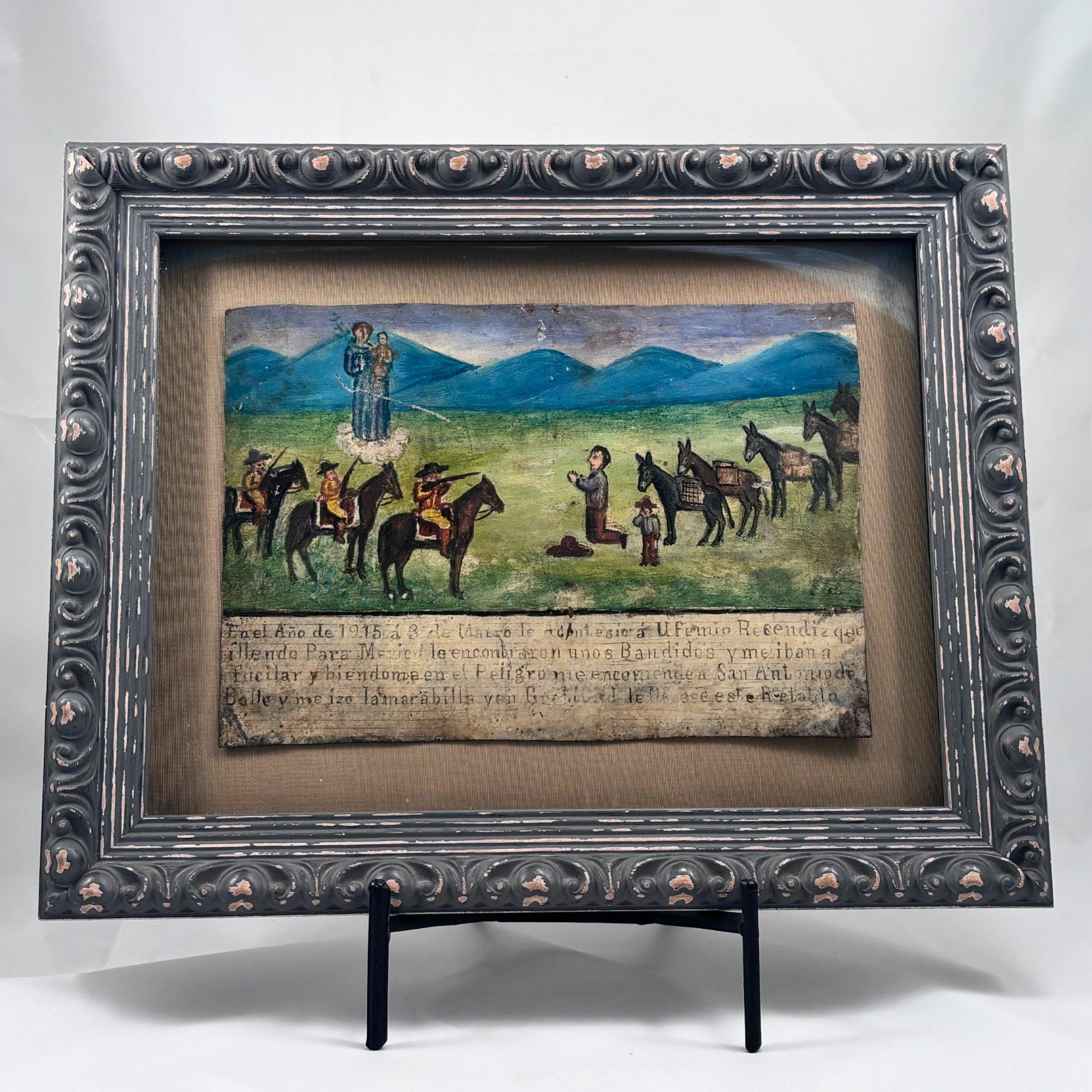 Antique 1915 Mexican Tin Ex Voto Retablo Bandits Saint Anthony Folk Art Framed Antique 1915 Mexican Tin Ex Voto Retablo Bandits Saint Anthony Folk Art Framed