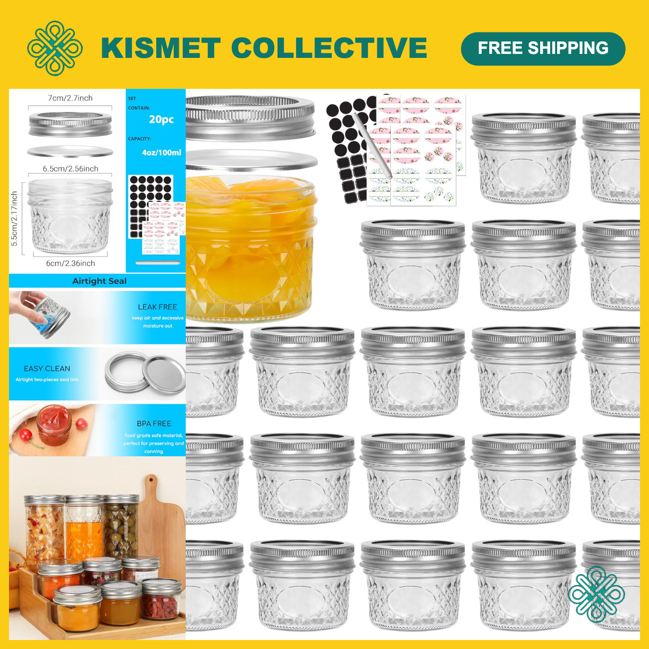 20 Pack 4 oz Wide Mouth Mason Jars with Airtight Lids & Bands - Perfect for Cann