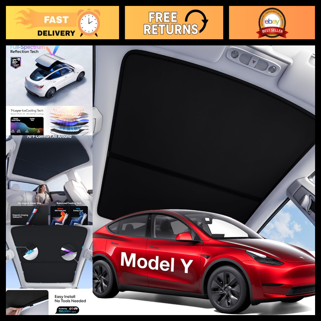Wigoo for Tesla Model Y Accessories Sunshade Roof, Interior Black