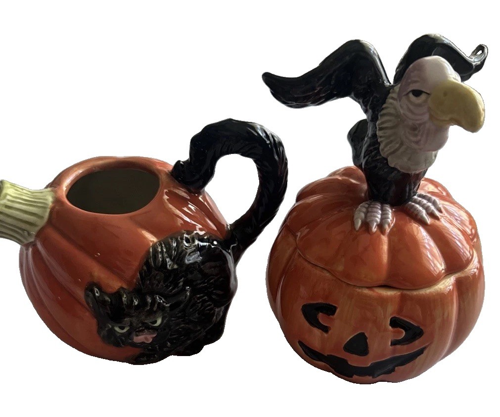 Fitz And Floyd Halloween Creamer & Sugar Rare Vulture Sugar Bowl 