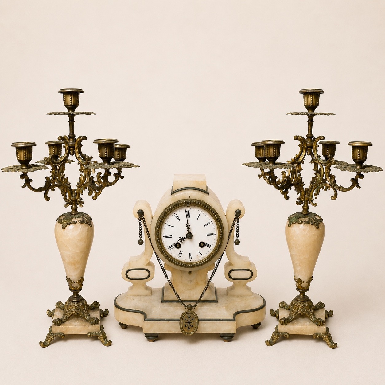 Antique French Alabaster Clock Garniture Candelabra 3 Pc Set 19th Century RR
