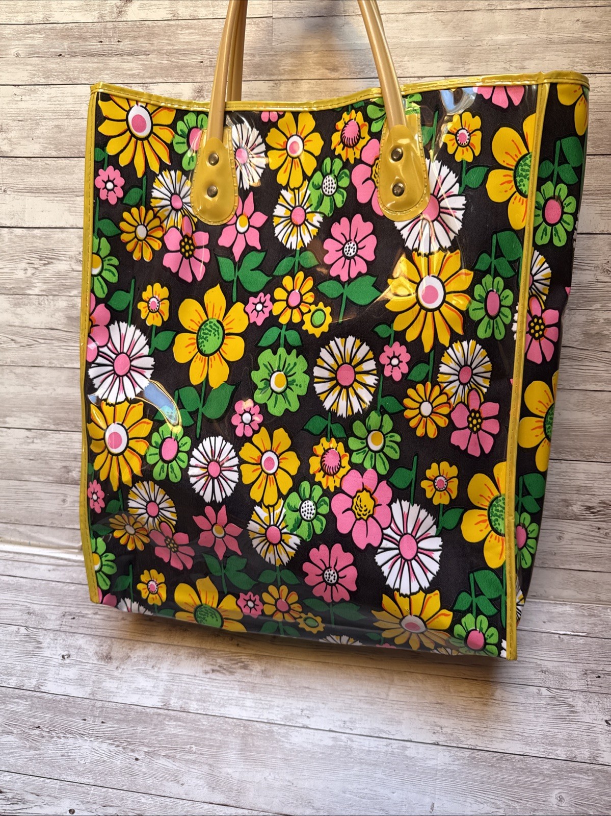 Vintage 1970's Floral Mod Plastic Vinyl Shopping Tote Bag Hippie Groovy Bag
