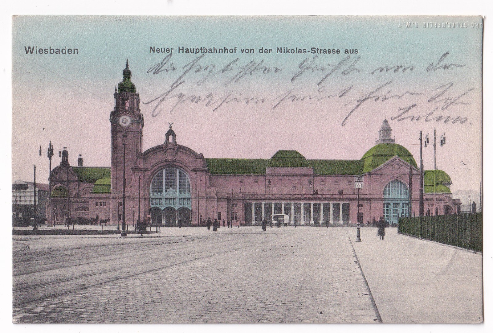 WIESBADEN 1907: NEW MAIN STATION from NIKOLAS-STR., color. PHOTO CARD