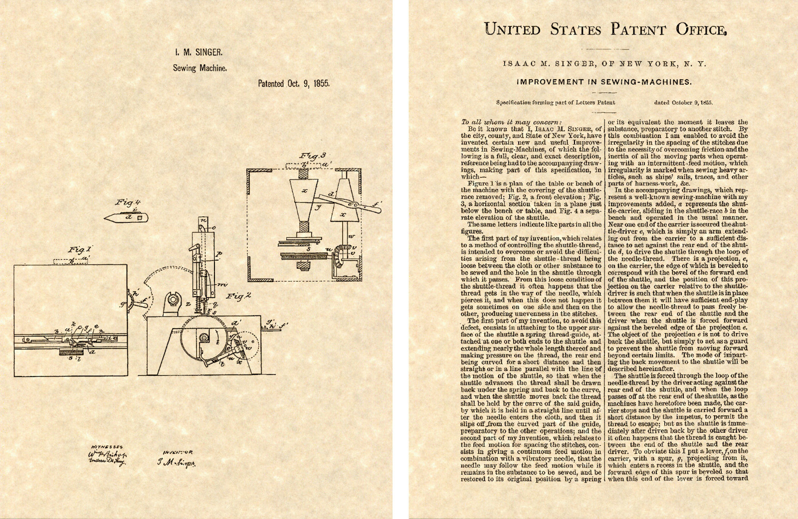 1855 SINGER SEWING MACHINE US Patent Art Print READY TO FRAME Isaac Vintage