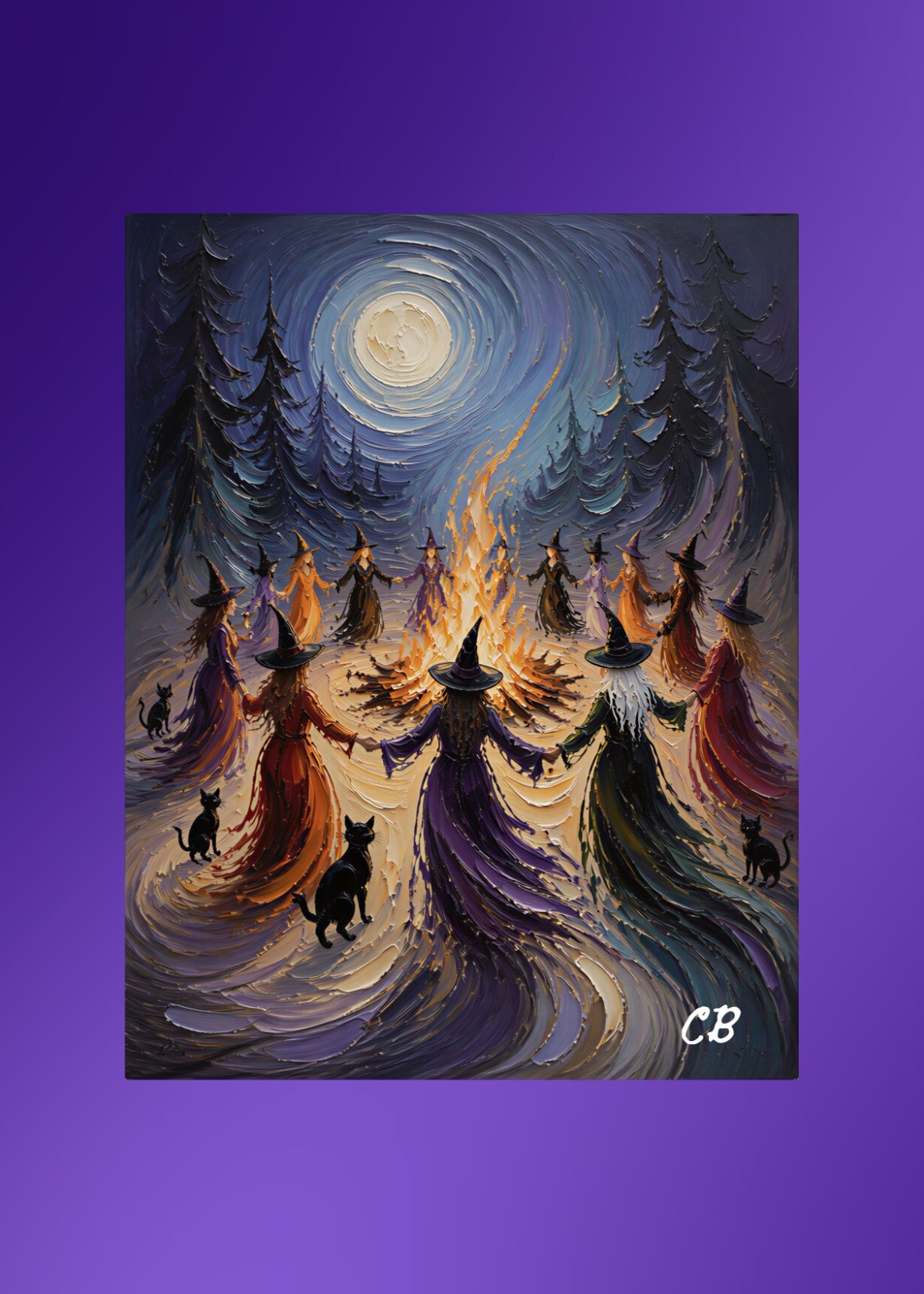 Witches Circle the Bonfire | ACEO Art Card | Halloween Hollow Print