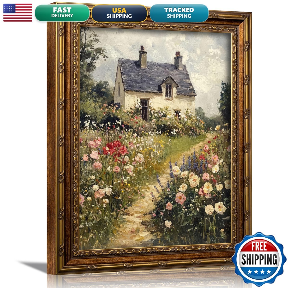 xikafou 3D Textured Canvas Wall Art Gold Frame Wildflower Floral Farmhouse