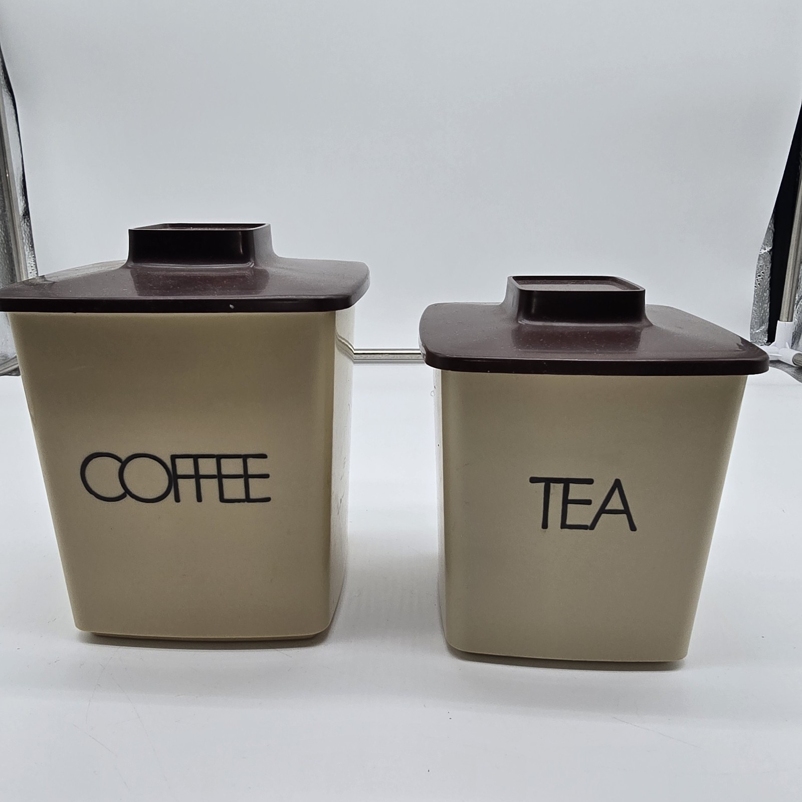 Vintage 70s 2 Piece Plastic Tan Brown Canister Coffee Tea Only Kitchen Decor