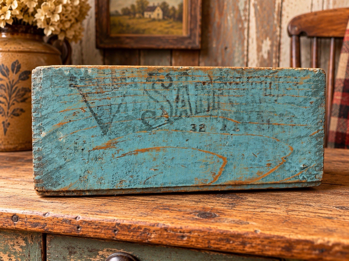 Antique Stafford's Ink Wooden Dovetailed Crate Wood Box Old Green Paint