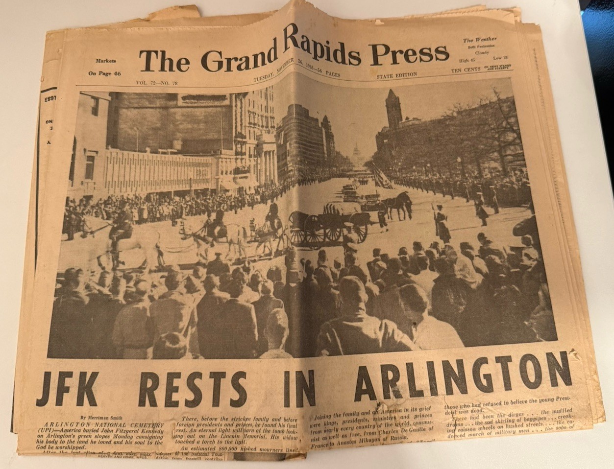 1963 Grand Rapids Press JFK RESTS IN ARLINGTON Kennedy Funeral Newspaper Nov 26