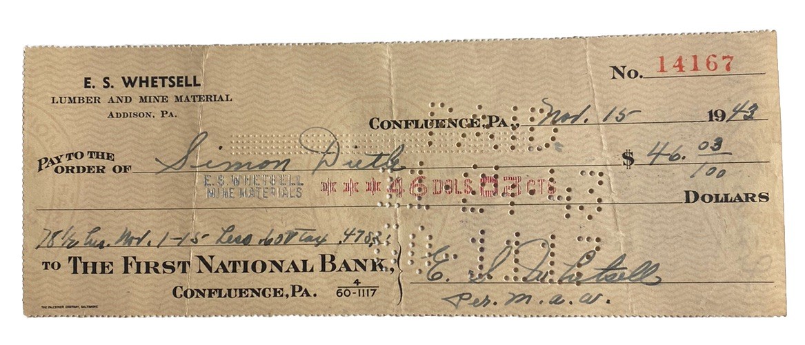 ES Whetsell Mine & Lumber 1st National Bank of Confluence PA Antique 1940s Check