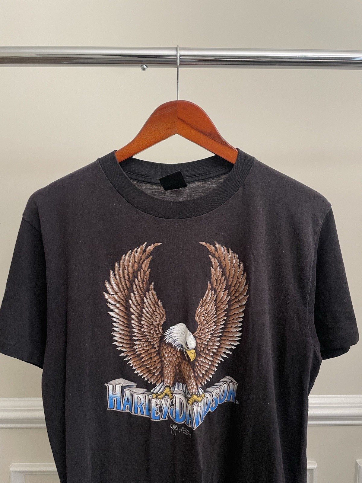 Vintage 80s Harley -Davidson Black 3D Emblem Eagle Graphic T-Shirt Virginia