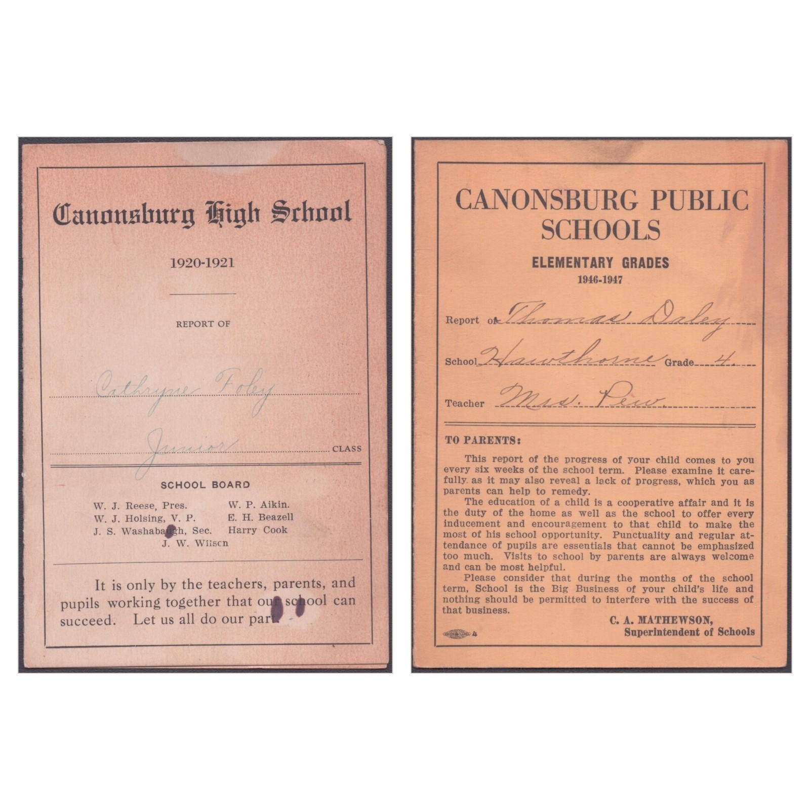 1920 1921 Canonsburg High School Report Card and 1946 Hawthorne School PA Lot 2