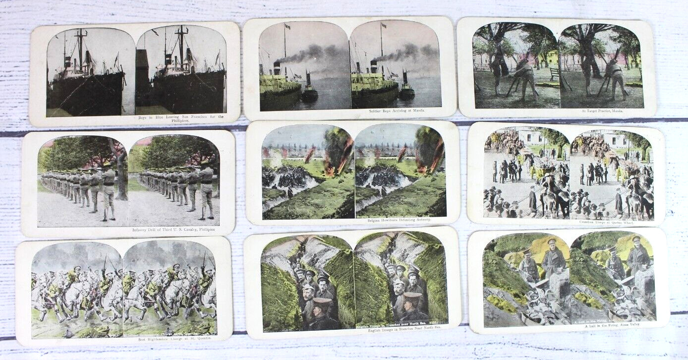 Lot of 27 WWI Stereoscopic 3D Cards Ships Cavalry Cannons Trenches War Scenes