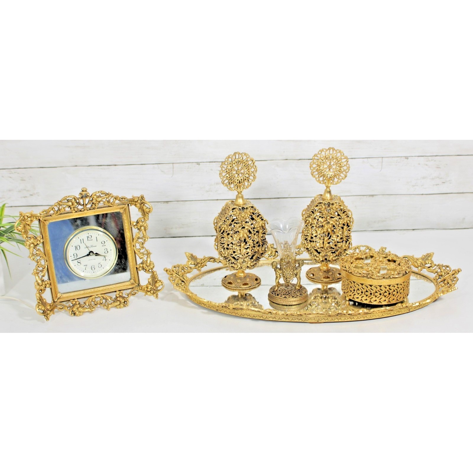 Vintage Gold Ormolu Filigree Vanity Dresser Set 6 Pc Hollywood Regency 24kt Tray