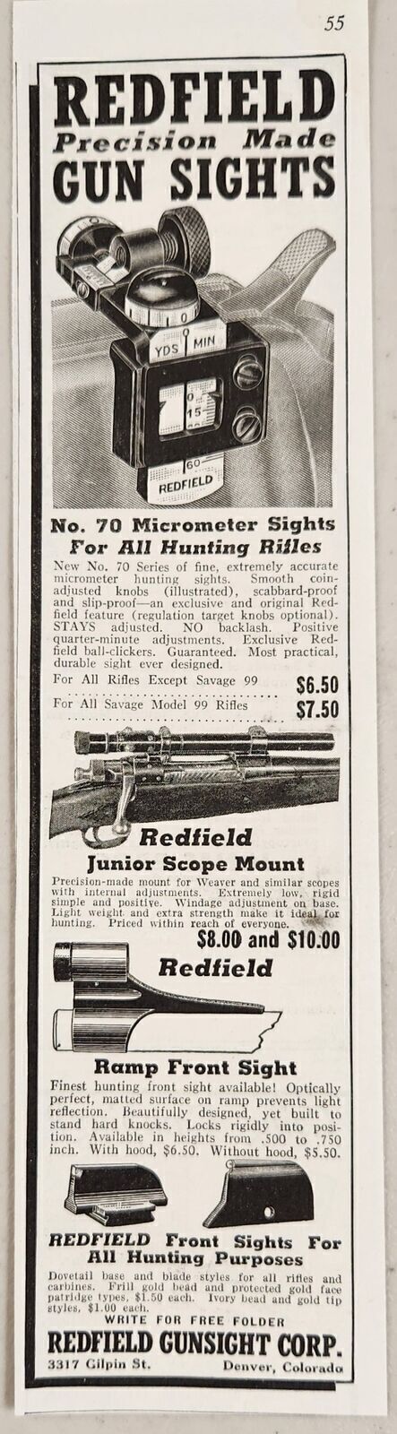 1939 Print Ad Redfield Precision Made Gun Sights & Scopes Denver,Colorado