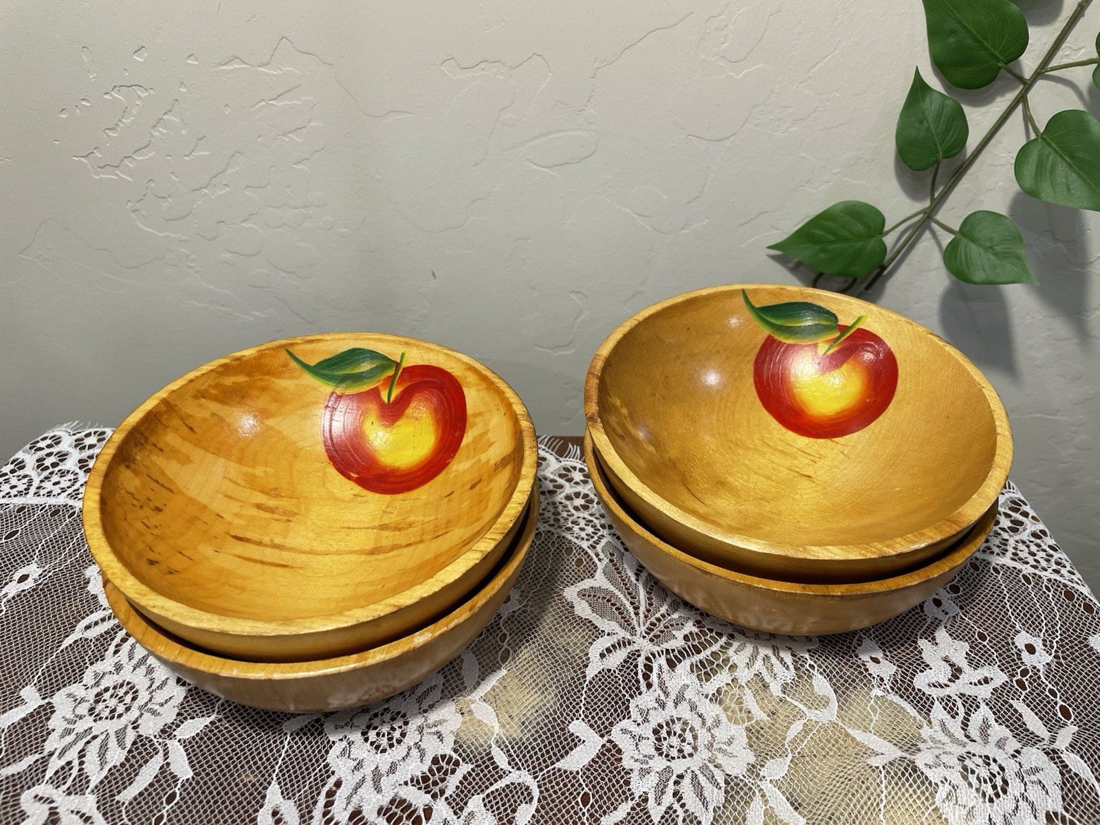 4 Vintage Apple Hand Painted Wooden Salad Bowls