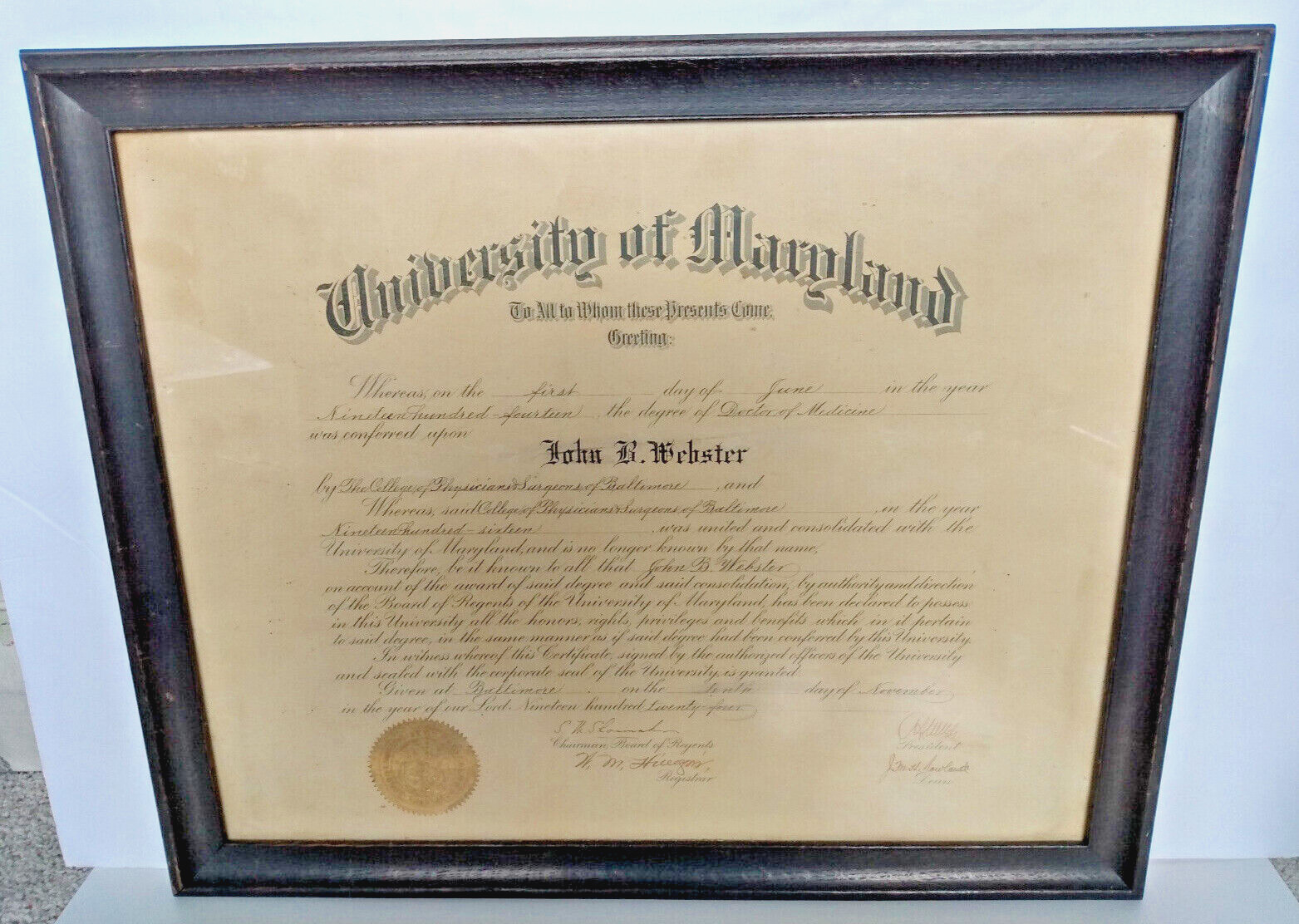 1924 Medical Diploma U. of Maryland College Physicians & Surgeons of Baltimore
