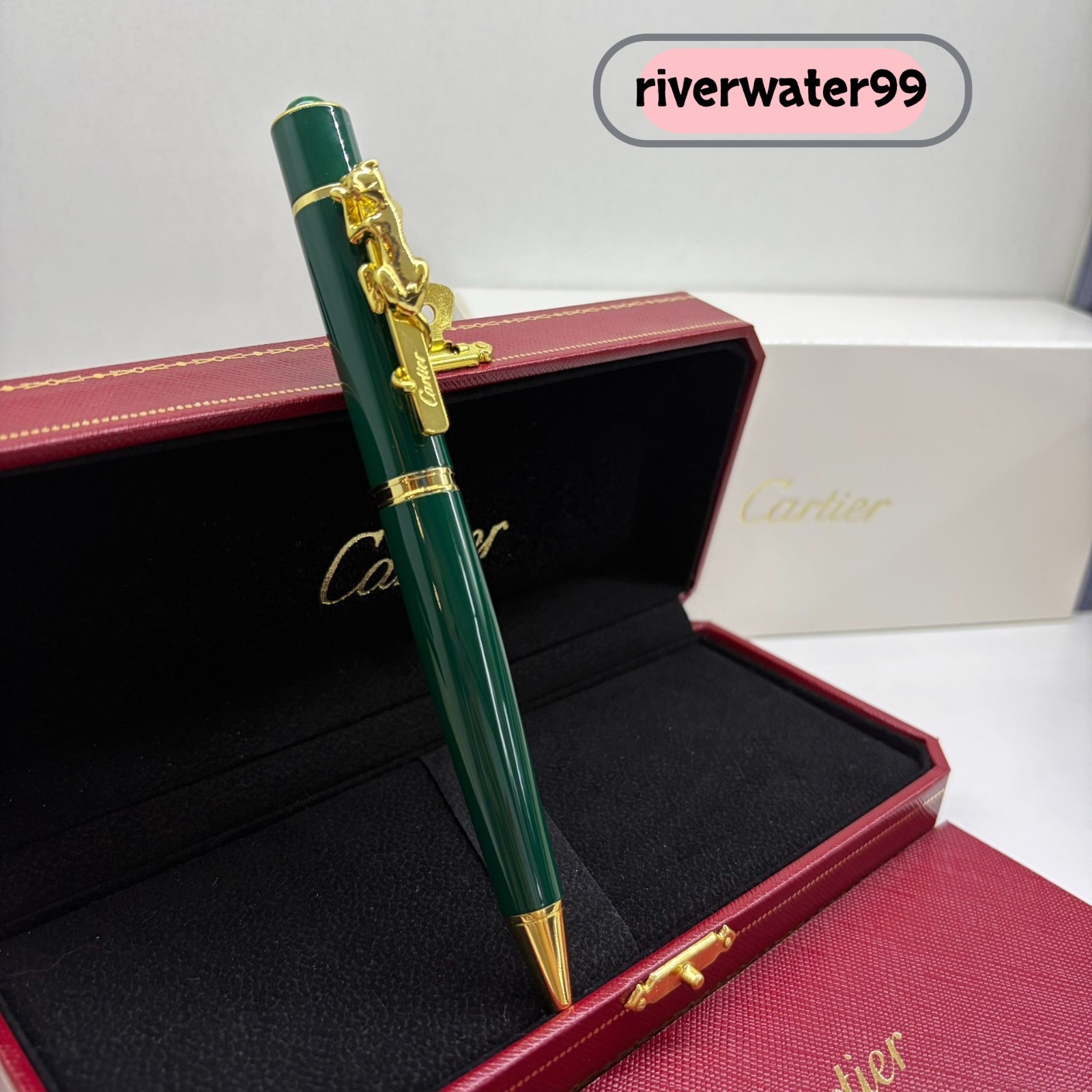 Cartier Emerald Green Lacquer Gold Panthere Clip Ballpoint Pen Luxury Gift Box