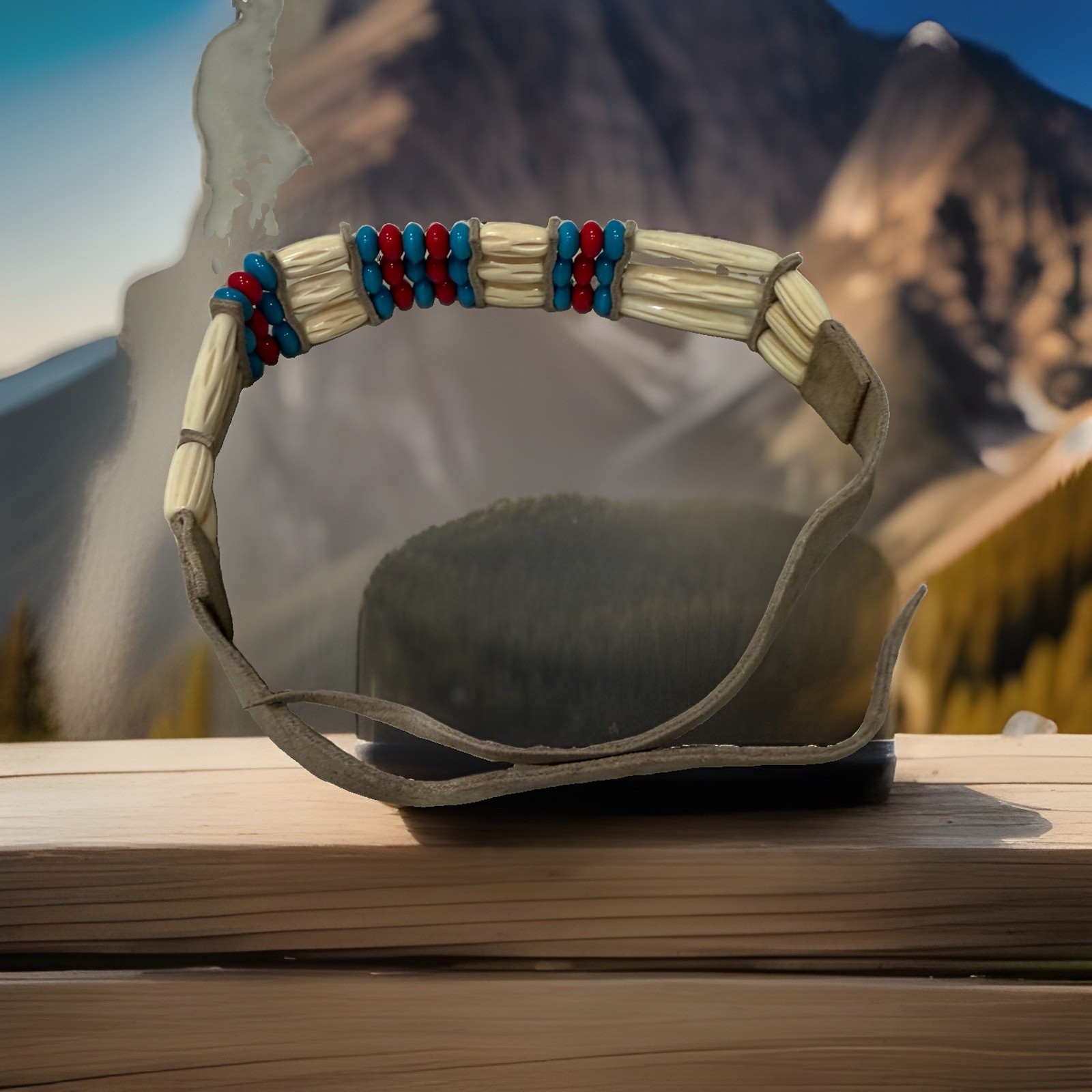 Vintage 1980s Tribal Style Warrior Choker Genuine Buffalo Bone Leather Necklace