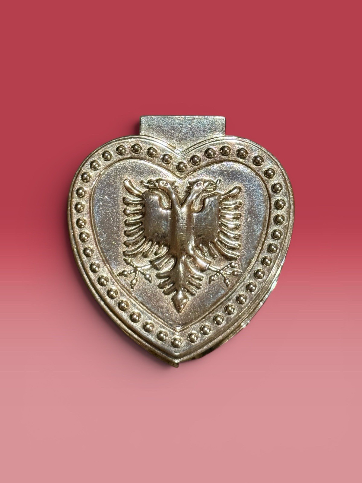 Vintage Albanian Double Headed Eagle Heart Jewelry Trinket Box Silver Tone