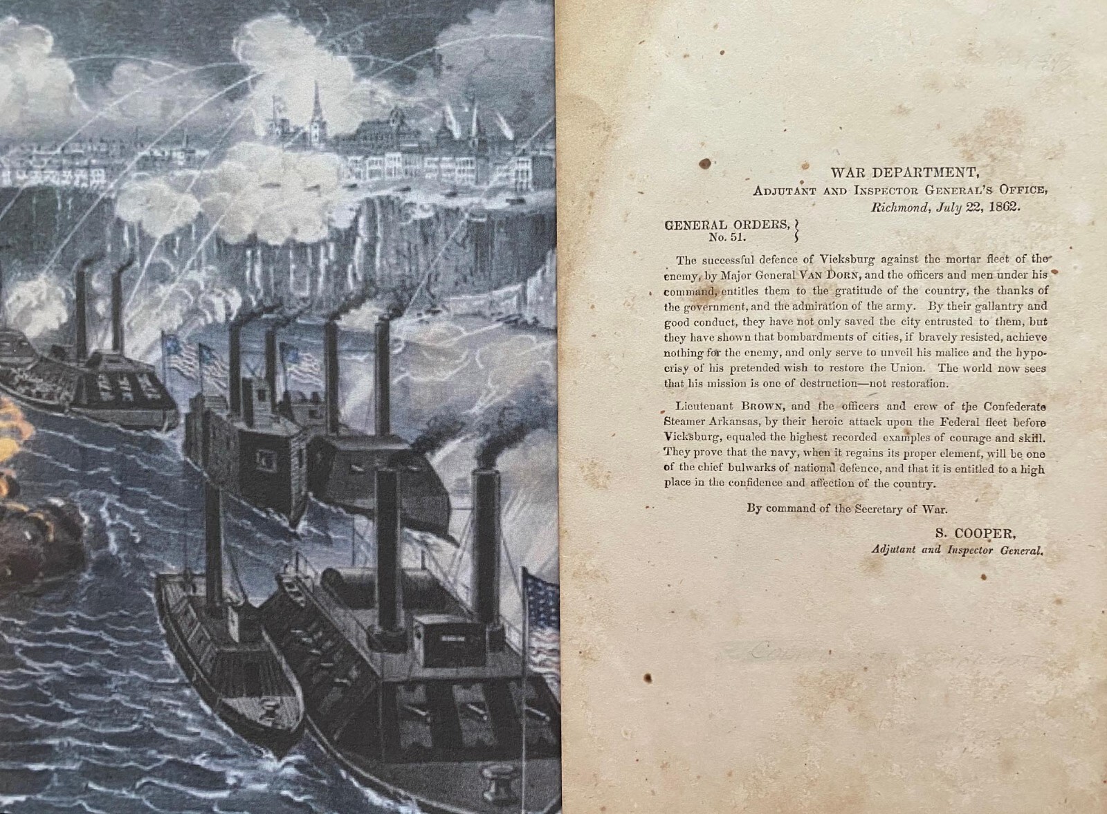 Rare 1862 Confederate Imprint Vicksburg Commendation/ Van Dorn & CSS Arkansas