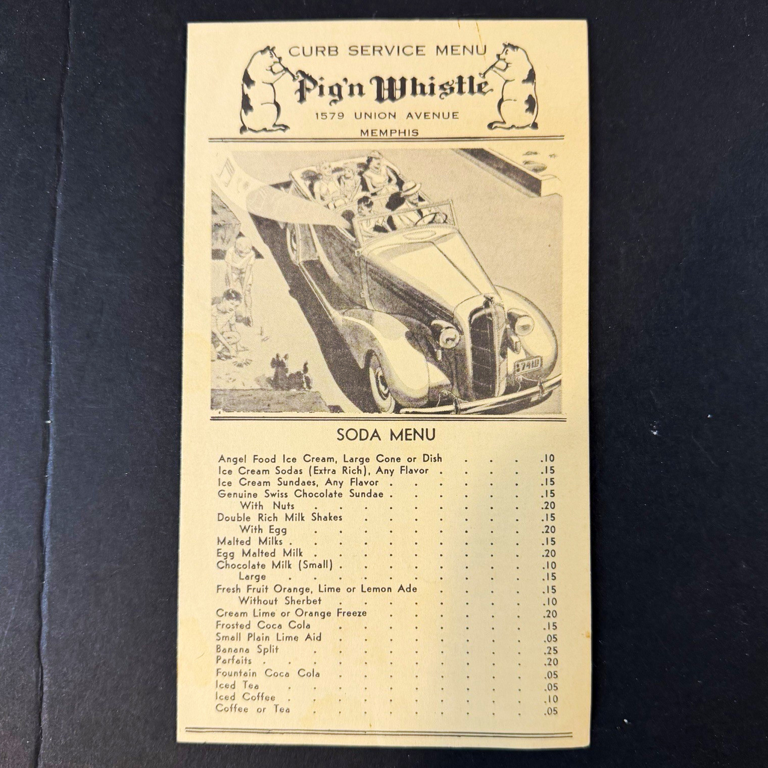 Vtg. 1930s-40s Pig’n Whistle Curb Service Soda Restaurant Menu 1679 Memphis TN