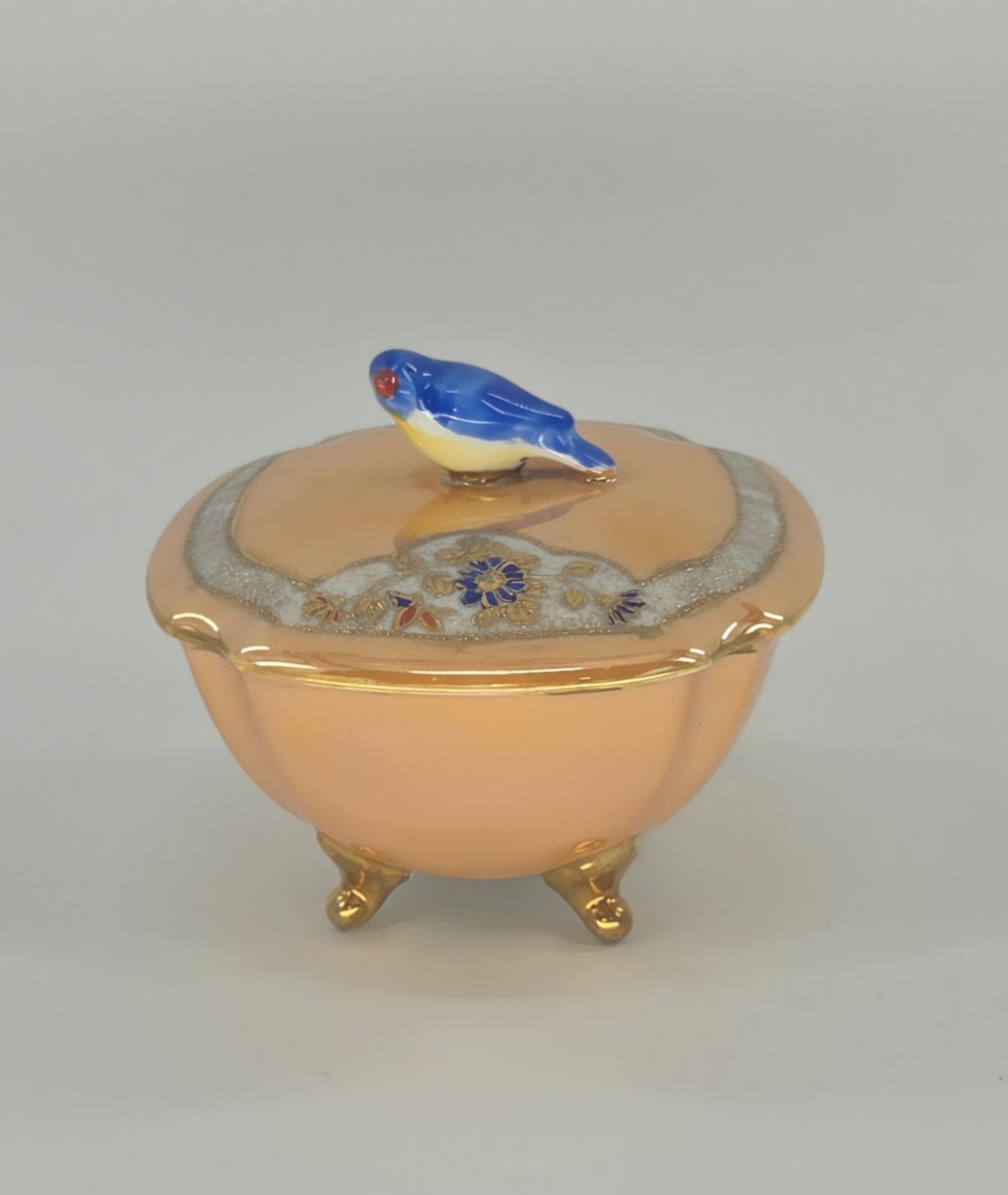 Vintage Noritake Japan Lusterware Trinket Powder Box Blue Bird Hand Painted Gold