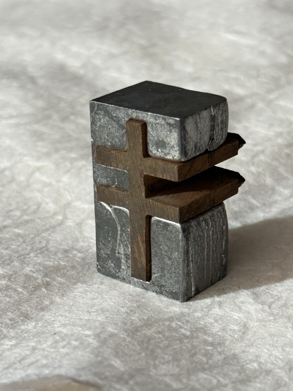 RARE Antique Printing Block Wood Double-barred Orthodox Cross Heavy Metal Casing
