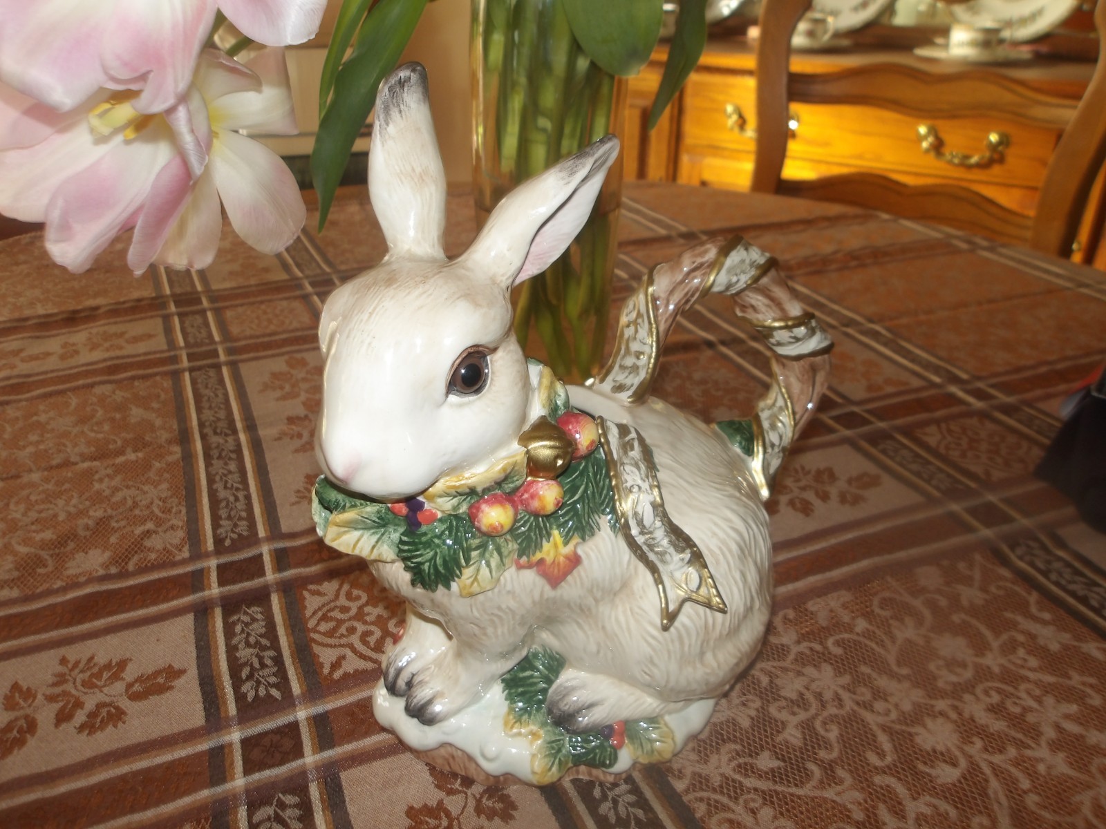 Vintage 1996 Fitz and Floyd Snowy Woods Rabbit Teapot Missing Lid