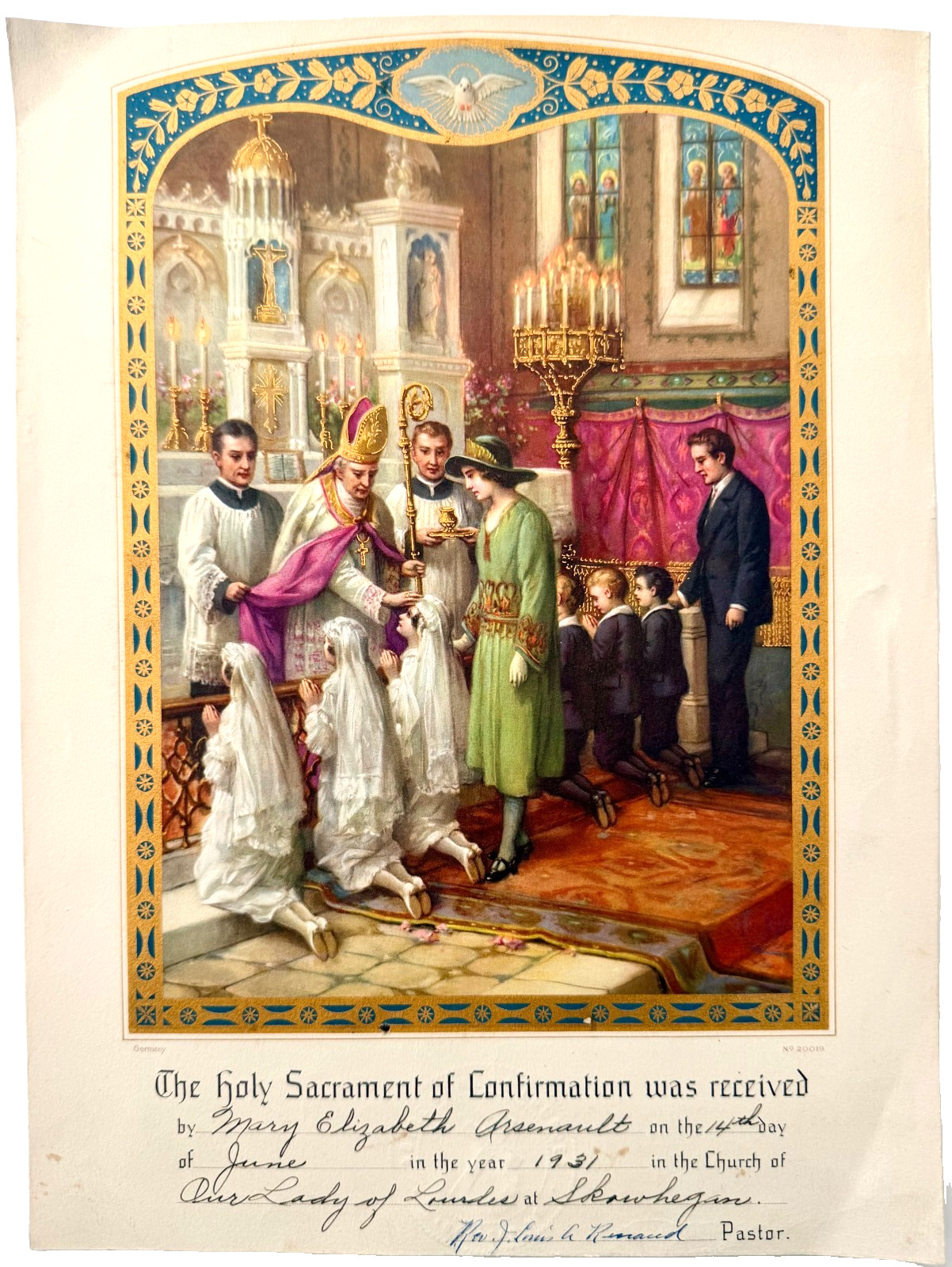 1931 Mary Elizabeth Arsenault Catholic Confirmation Skowhegan Maine Certificate