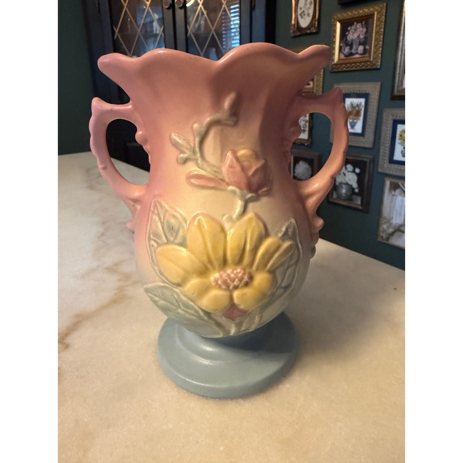 VTG 1940s Hull Art Pottery Magnolia Vase 11-6.5 Pink Blue Two Handled Ceramic