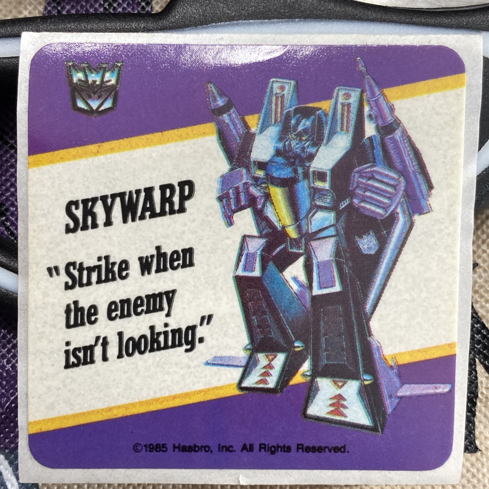 VERY RARE  1985 Transformers Purple SKYWARP G1 Motto Sticker Hasbro NEAR MINT