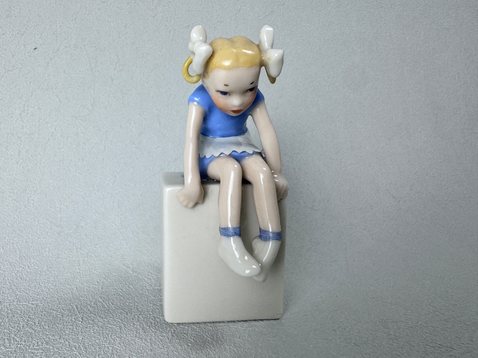 Vintage Lenox Green Mark TWIN Pigtail Girl Figurine Blue Dress Porcelain