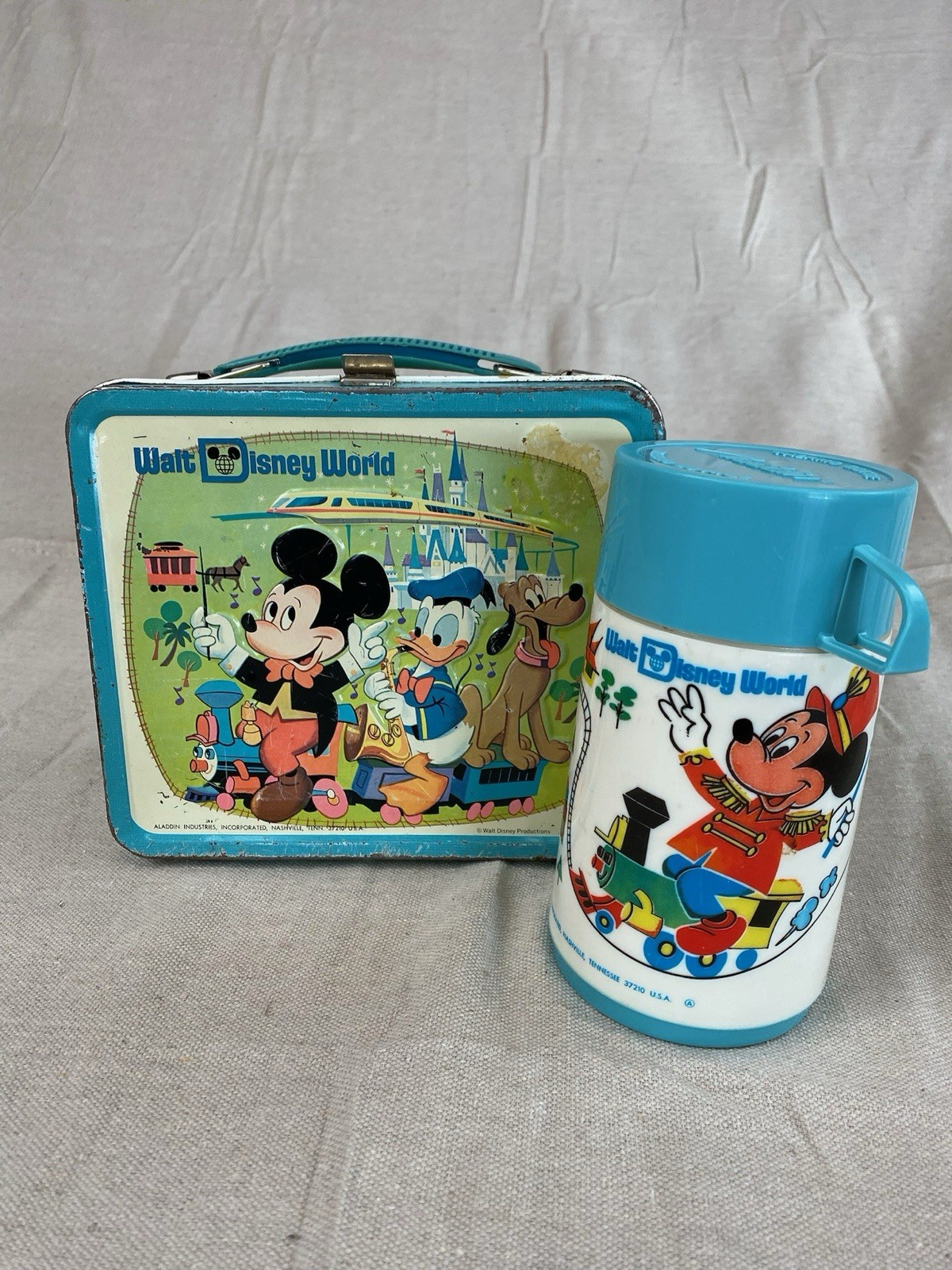 Vintage 1970s Walt Disney World Mickey Mouse Metal Lunch Box With Thermos