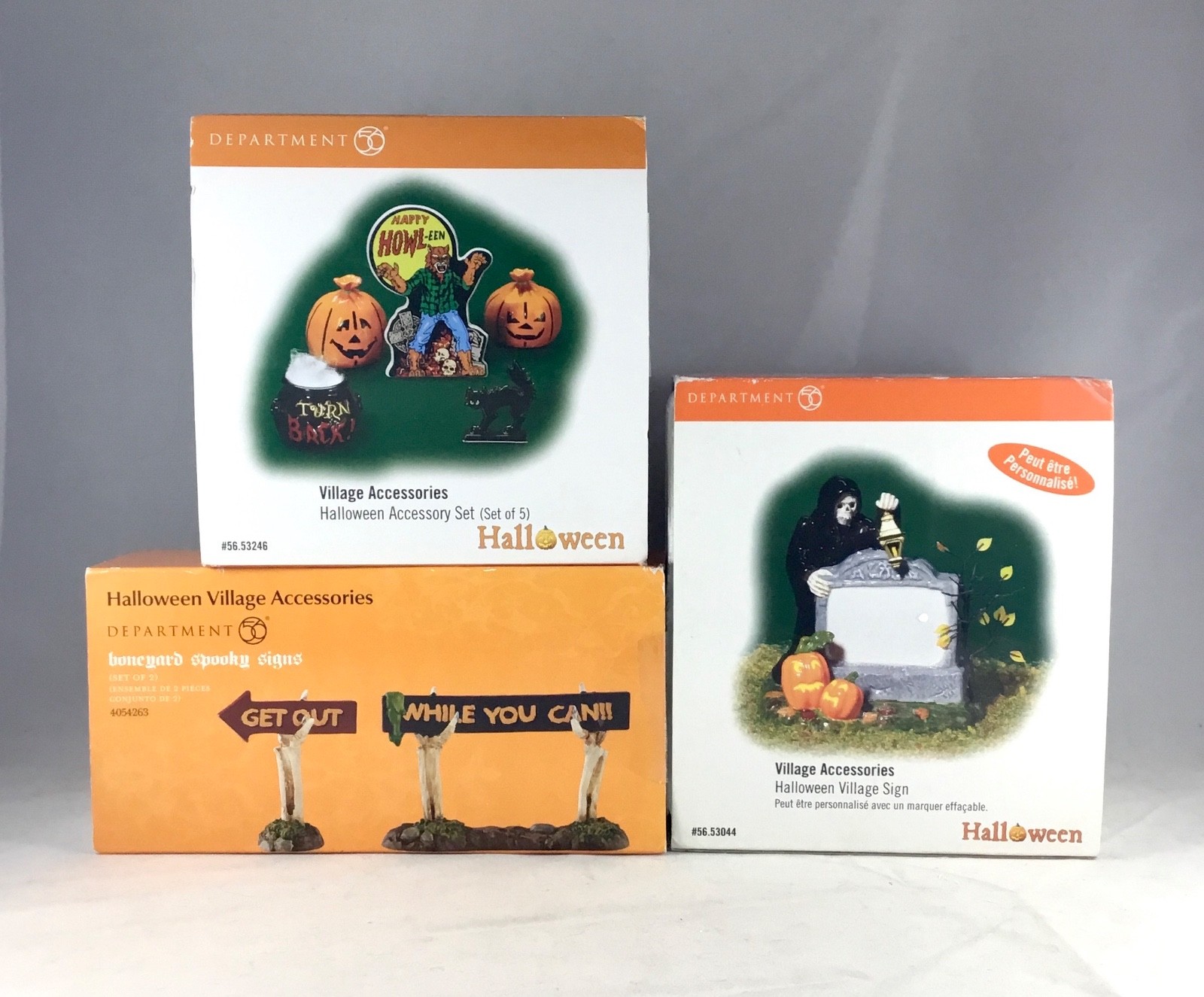 Dept 56 Lot of 3 Halloween Accessory Set of 5 + Spooky Signs of 2 + Village Sign