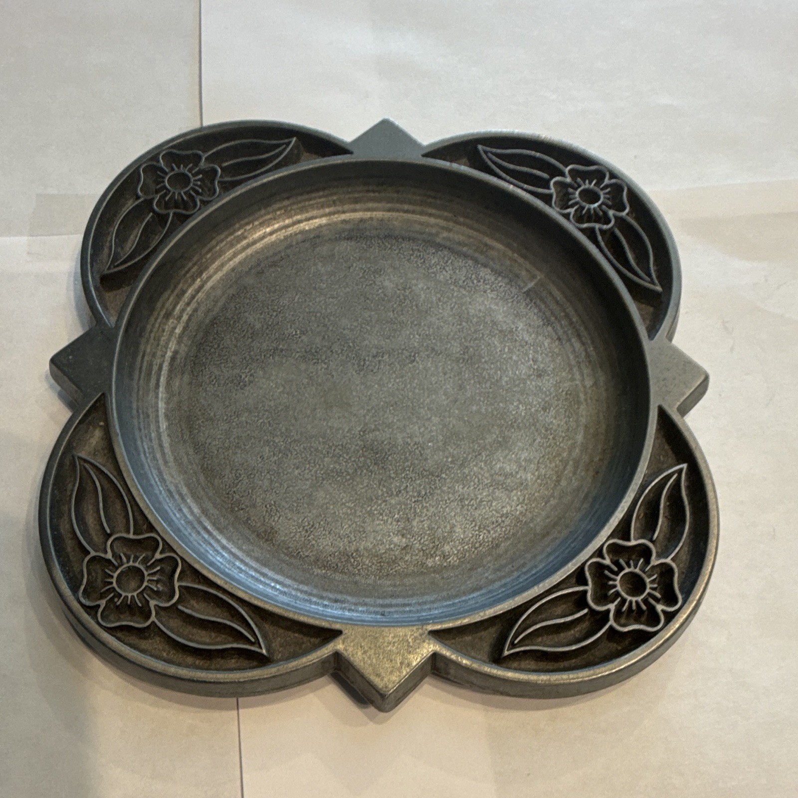 Floral Pewter-Tone Metal Quatrefoil Dish Decorative Pewter Floral Dish