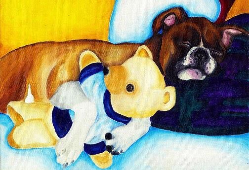 13x19 BOXER & TEDDY BEAR Signed Dog Art PRINT of Original Oil Painting by VERN