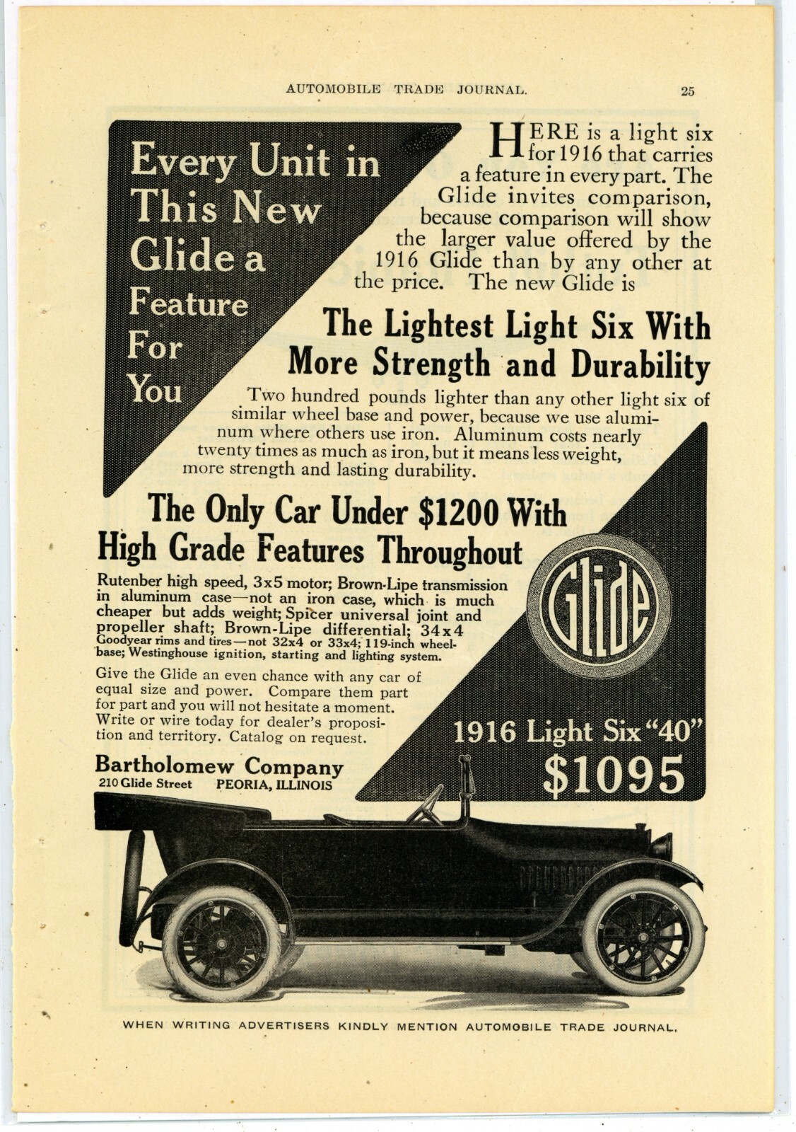 1916 Bartholomew Glide Motor Cars Ad: Light Six 40 Model - Peoria, Illinois