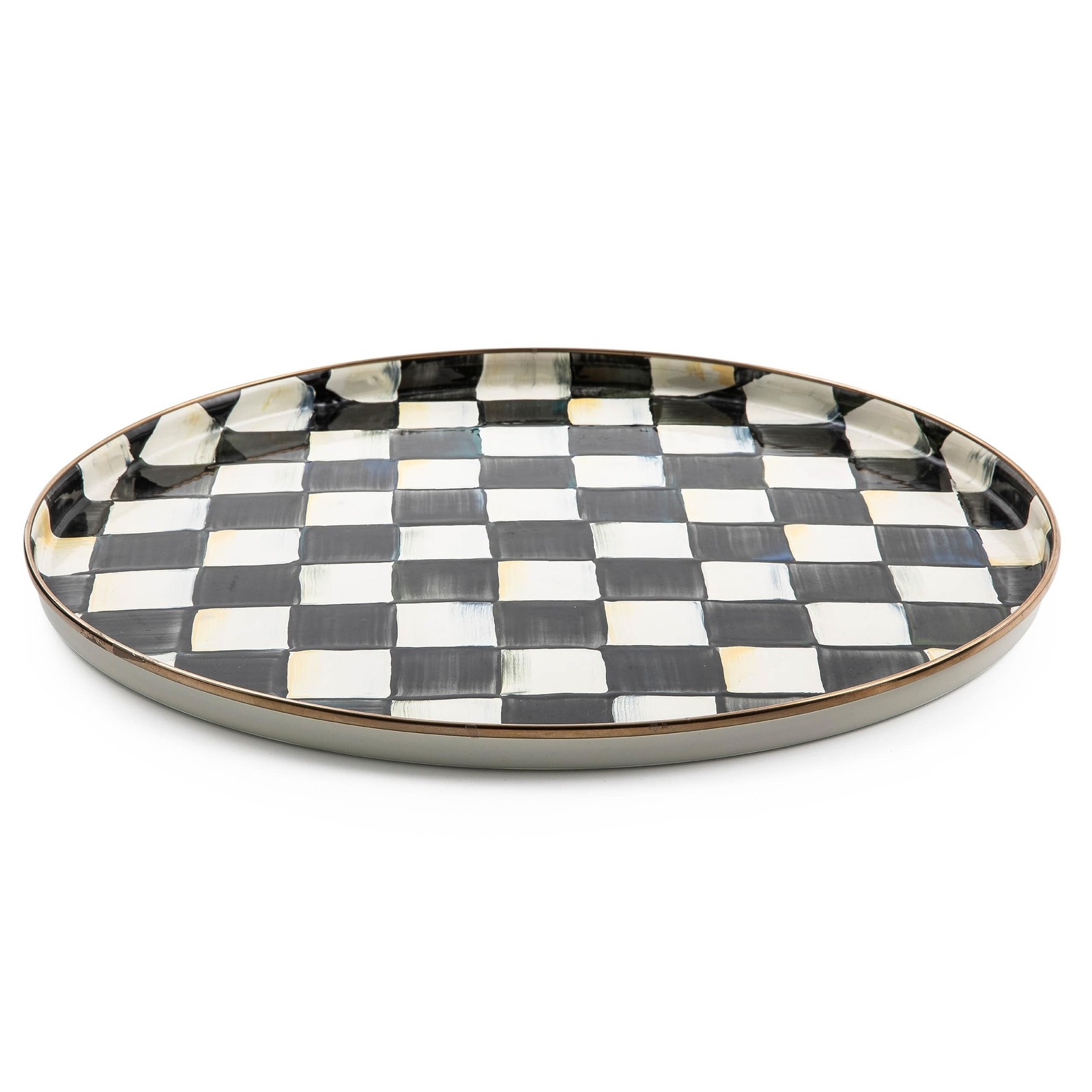 MACKENZIE-CHILDS Enamel Round Tray, Black-and-White Courtly Check