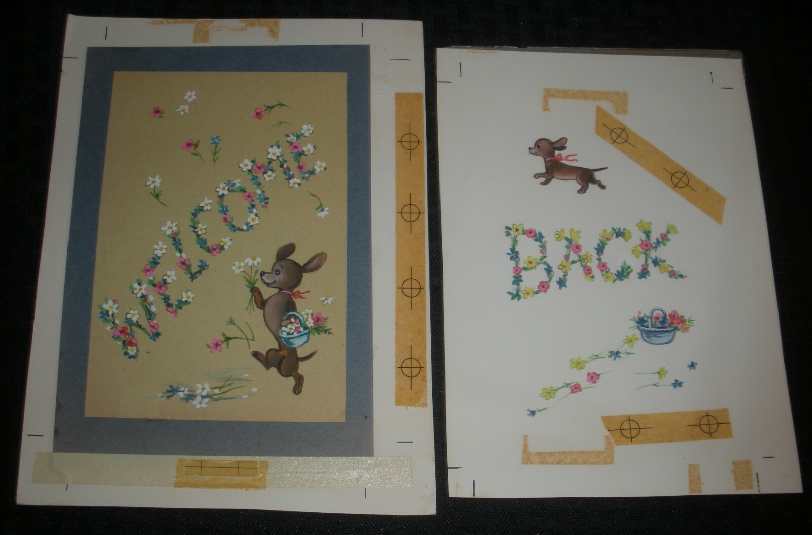 WELCOME BACK Cartoon Dog w Flowers SET of 2 6.5x9\