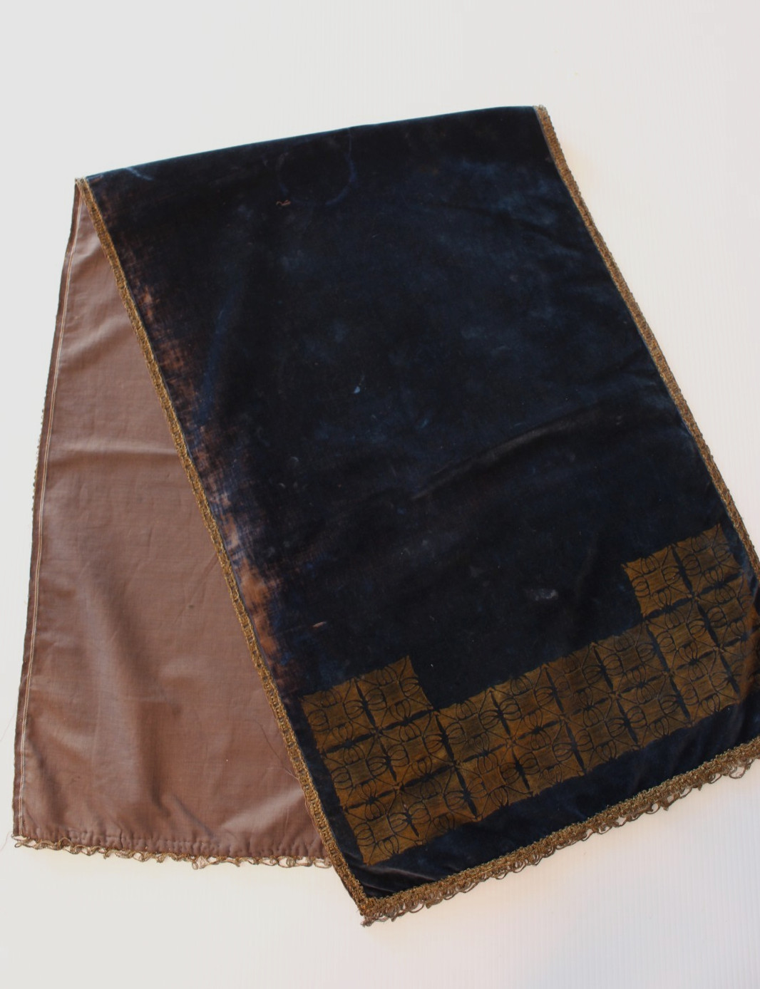Antique 19th century dark blue velvet table runner braided edge 52\