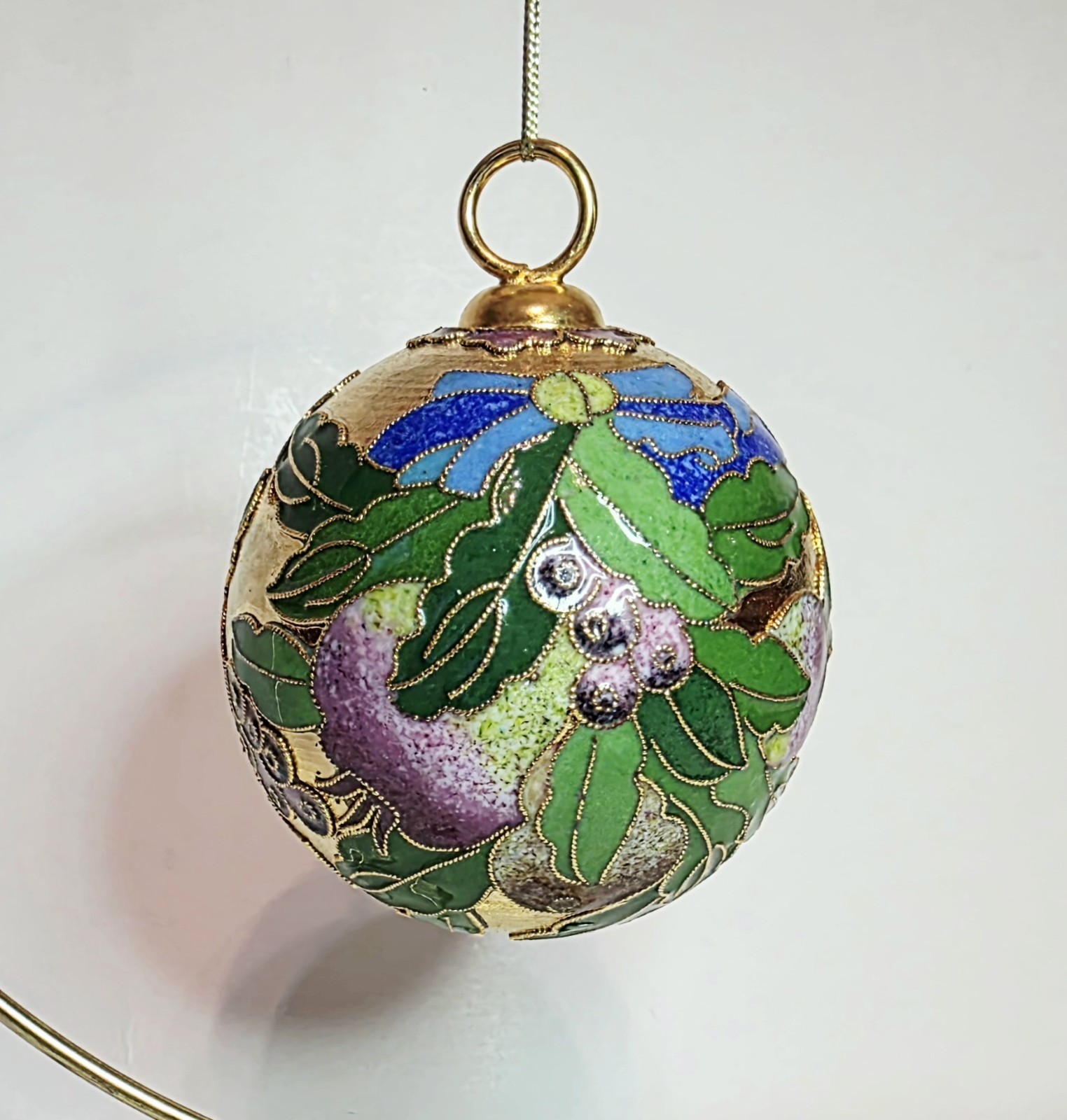Vintage 1990\'s NYCO Cloisonne Christmas Ornament Purple Floral Enamel Ball 2.3\